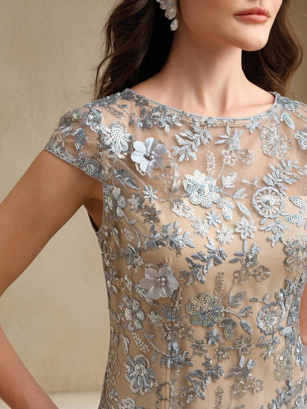 Silver Elegant Women's Floral Mesh Resort Dress with Sparkly Short Sleeves - Picture 3 of 7